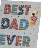 UK Greetings Boofle Father's Day Card with colorful illustration of Boofle holding a heart for Father's Day celebration.