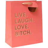 Large UK Greetings Celebration gift bag featuring humorous "Live Laugh Love Bitch" design, suitable for special occasion gifts.