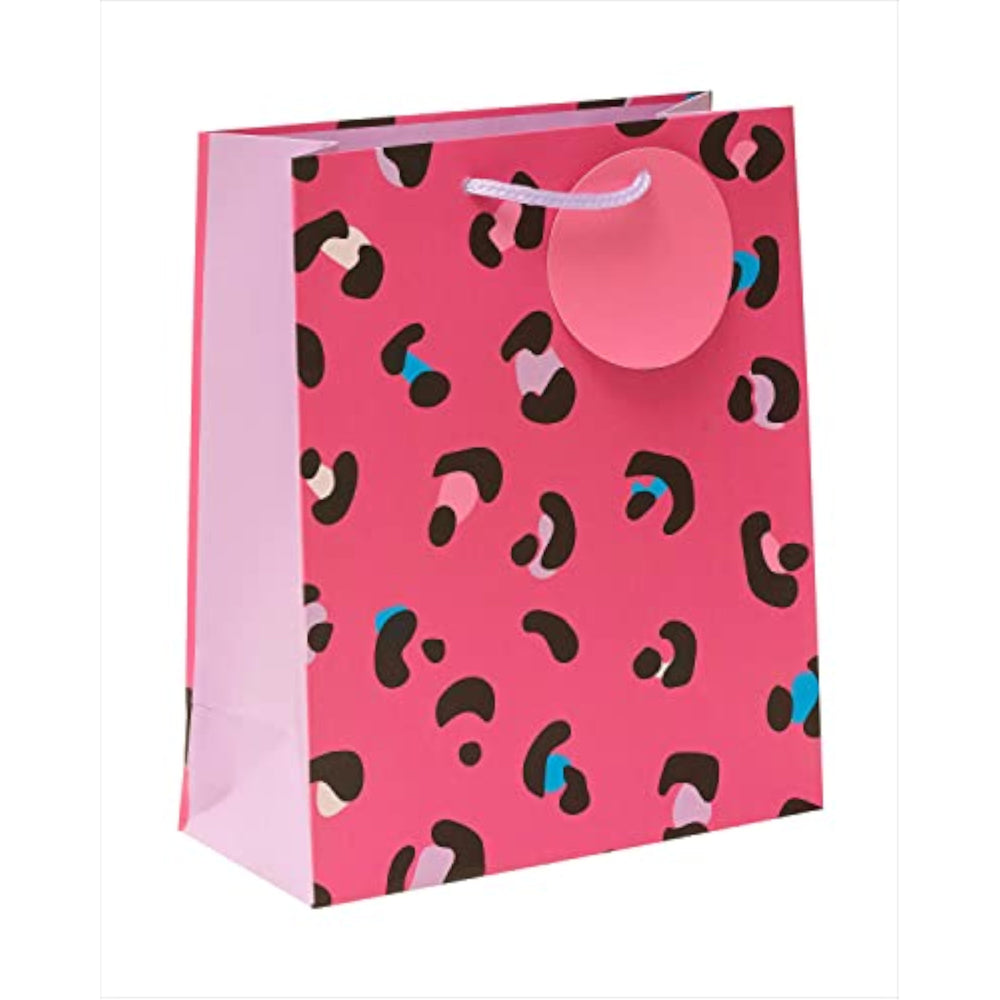 Pink leopard-themed gift bag with a tag, medium size, from UK Greetings, perfect for gift packaging.