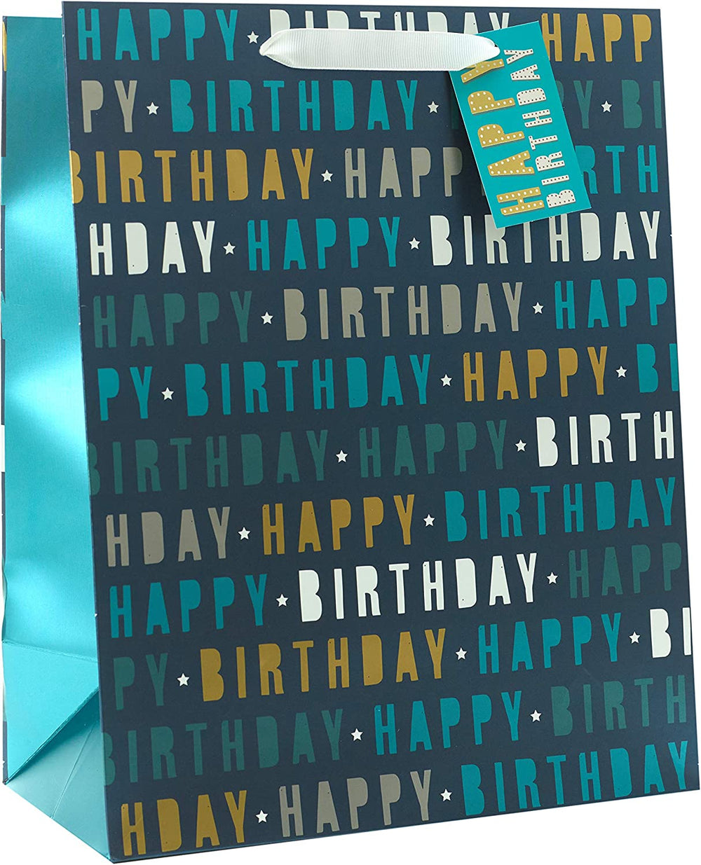 Large blue UK Greetings Happy Birthday gift bag with festive design, ideal for birthday presents and celebrations.