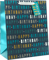 Large blue UK Greetings Happy Birthday gift bag with festive design, ideal for birthday presents and celebrations.