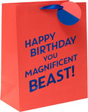 Large UK Greetings gift bag with colorful "Happy Birthday You Magnificent Beast" design, perfect for birthday presents.