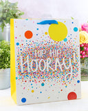 UK Greetings Hip Hip Hooray large gift bag with colorful "Hip Hip Hooray" design, perfect for celebrations and gift-giving.