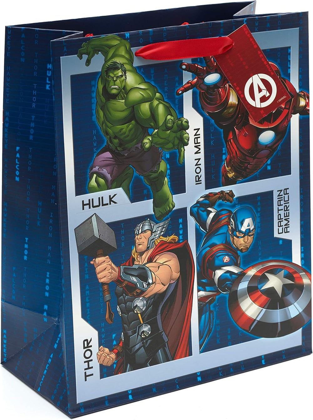 Large Marvel Avengers gift bag by UK Greetings featuring superhero characters and vibrant comic-style design.