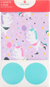 UK Greetings gift wrap with unicorn design, featuring two sheets of kids' birthday wrapping paper and matching tags.