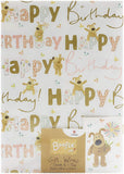 UK Greetings Boofle birthday gift wrap with matching tag featuring colorful Boofle character design.