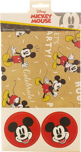 Disney Mickey Mouse gift wrap by UK Greetings, featuring birthday-themed wrapping paper with Mickey Mouse designs and matching tags.