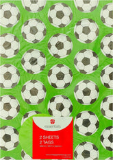 UK Greetings football design gift wrap with two sheets and two tags, featuring vibrant football-themed patterns.