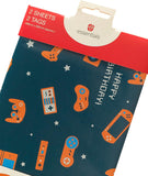 UK Greetings Gamer birthday gift wrap with colorful gaming-themed design, includes 2 sheets and 2 matching tags.
