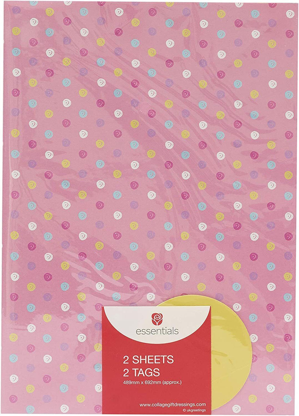 Pink polka dot gift wrap by UK Greetings with two sheets and two tags, featuring a cheerful, colorful design.