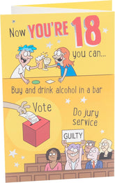 UK Greetings 18th birthday greeting card featuring a witty cartoon design for him, her, or friends, perfect for celebrating milestone birthdays.