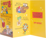 UK Greetings 18th birthday greeting card featuring witty cartoon design for him, her, or friends, with colorful illustration.