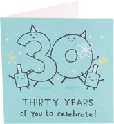 UK Greetings 30th birthday greeting card with a blue design, suitable for him, her, or a friend, featuring festive and celebratory artwork.