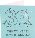 UK Greetings 30th birthday greeting card with a blue design, suitable for him, her, or a friend, featuring festive and celebratory artwork.