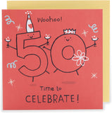 UK Greetings 50th birthday greeting card with red design, suitable for him, her, or friends, featuring celebratory artwork.