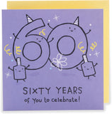 UK Greetings 60th birthday greeting card for him, her, or a friend with a purple design, featuring festive and celebratory artwork.