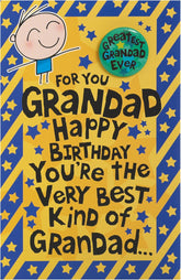 UK Greetings birthday card for Grandad with a bright, colorful design, featuring cheerful illustrations and festive text.