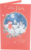 UK Greetings Christmas card for son featuring a snowy robin design, with festive holiday imagery and colorful winter scene.
