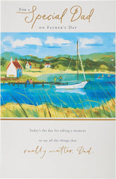 UK Greetings Father's Day greeting card for Dad featuring a boat scene design, with colorful illustrations and heartfelt message.