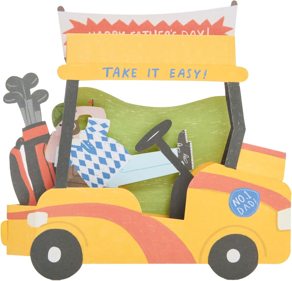 UK Greetings Father's Day card for Dad featuring a pop-up golf cart design, perfect for celebrating with a special greeting.