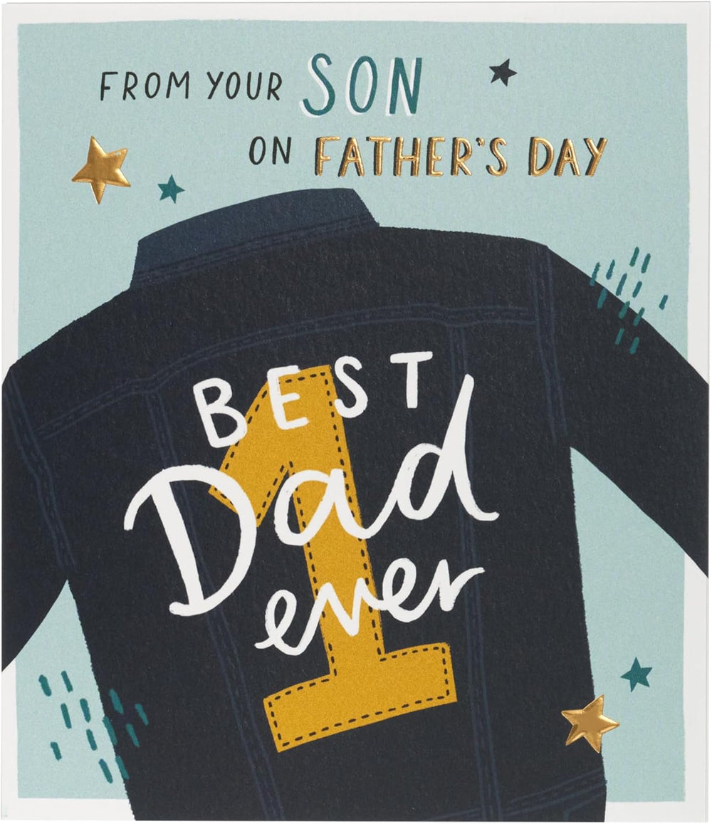 UK Greetings Father's Day Card from Your Son featuring a jacket design with "Best Dad Ever" text and colorful illustrations.