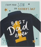UK Greetings Father's Day card from son featuring a jacket design and the message "Best Dad Ever" in colorful illustrations.