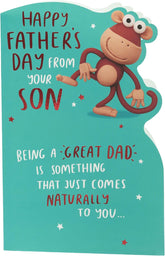 UK Greetings Father's Day greeting card featuring a funny monkey design from a son, perfect for celebrating dad.
