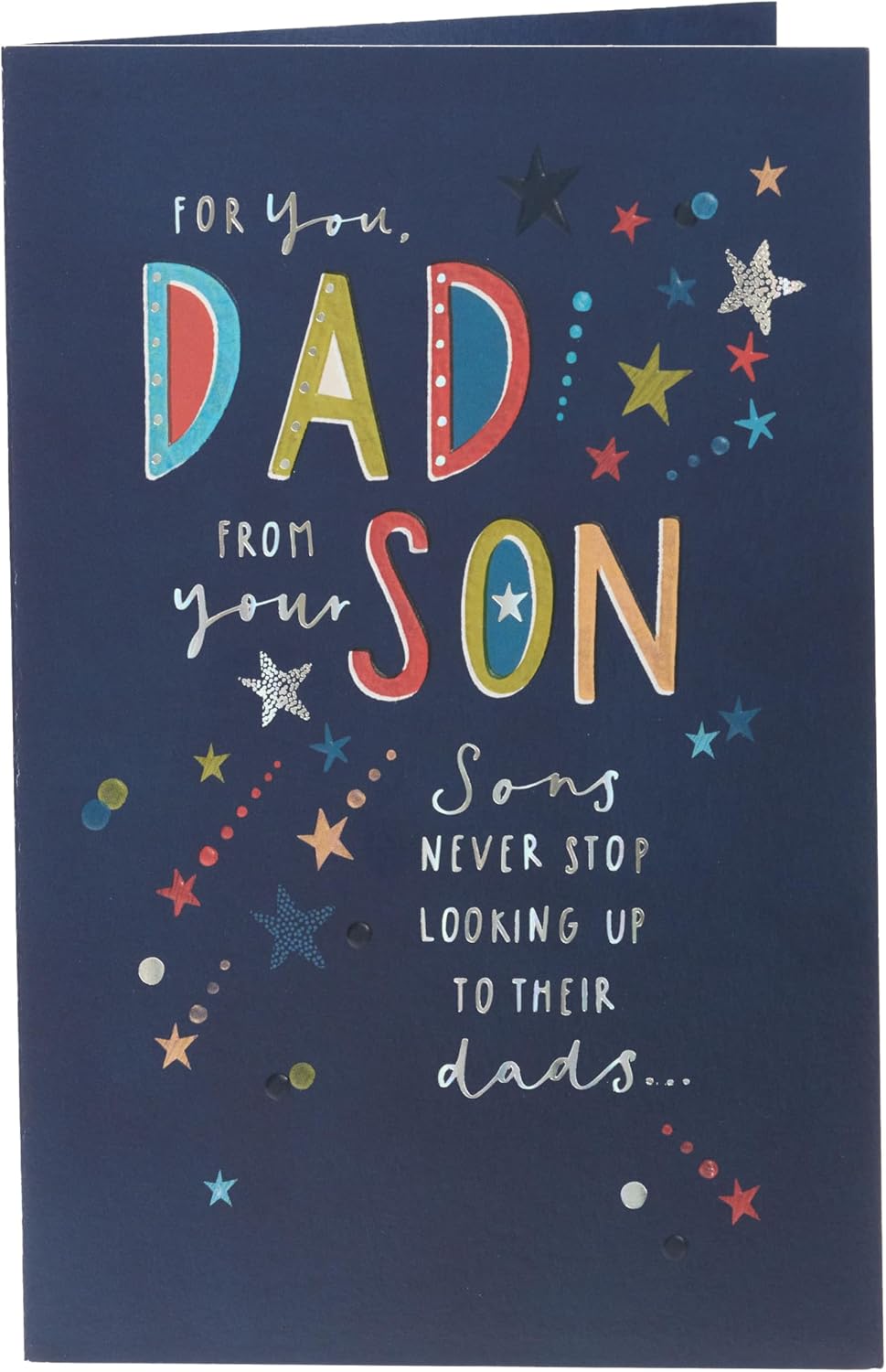 UK Greetings Father's Day card from your son featuring a stars design, with colorful star illustrations on the front.