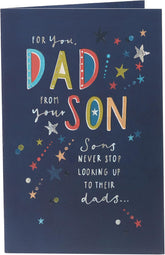 UK Greetings Father's Day card from son featuring a stars design, colorful illustration, and heartfelt message inside.