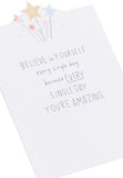 UK Greetings Open Friend Little Voice greeting card featuring a colorful design and heartfelt message on the front.