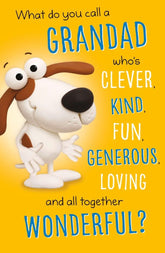 UK Greetings Father's Day card featuring a colorful design with cheerful "Wonderful Clever Fun & Kind Grandad" message.