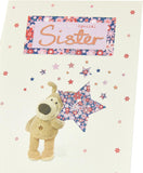 UK Greetings Boofle birthday card for sister featuring a cute design holding a big star and an envelope, colorful greeting card.