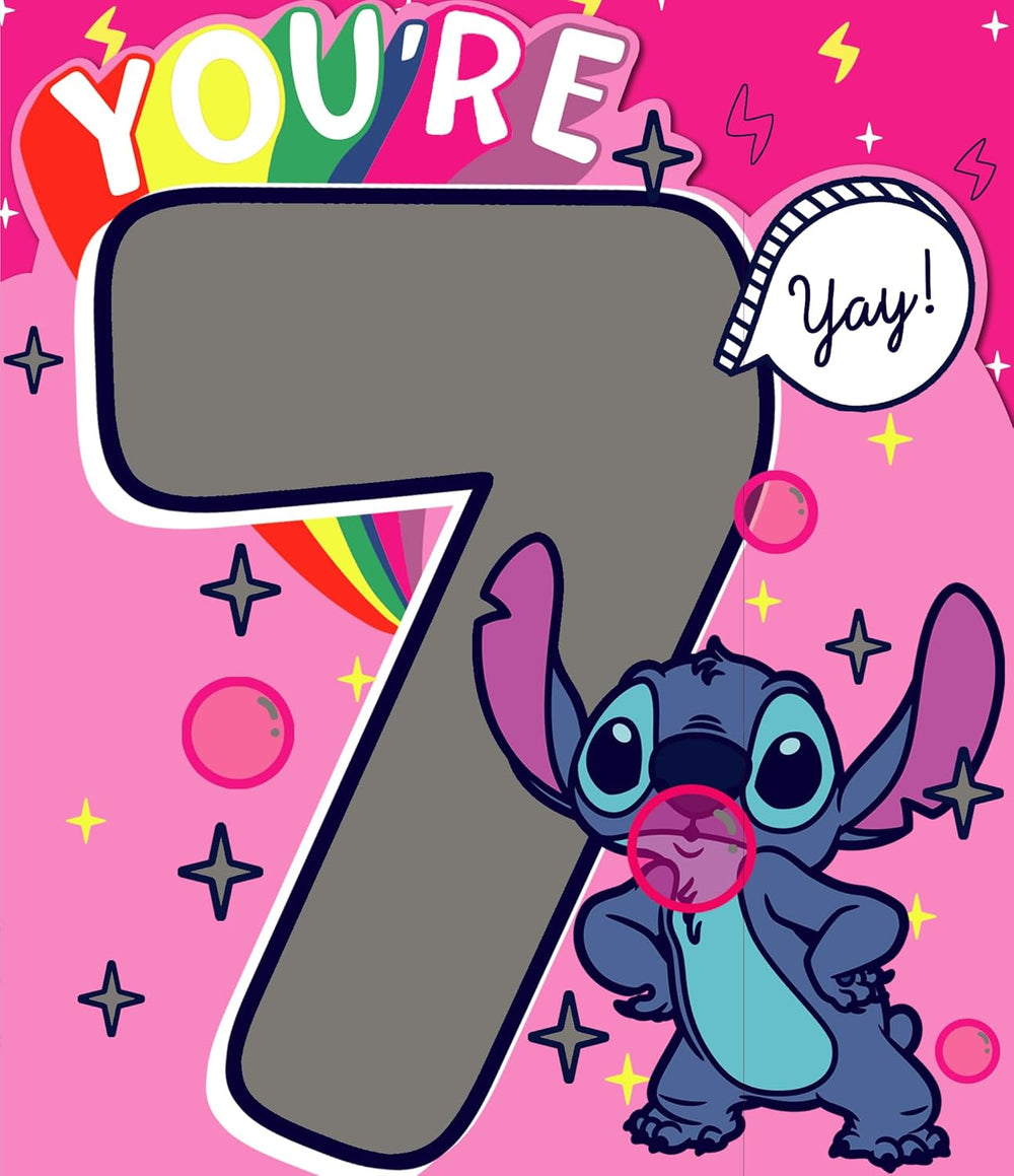 Disney Stitch 7th birthday greeting card for girls, featuring a unique Stitch design and colorful birthday message.