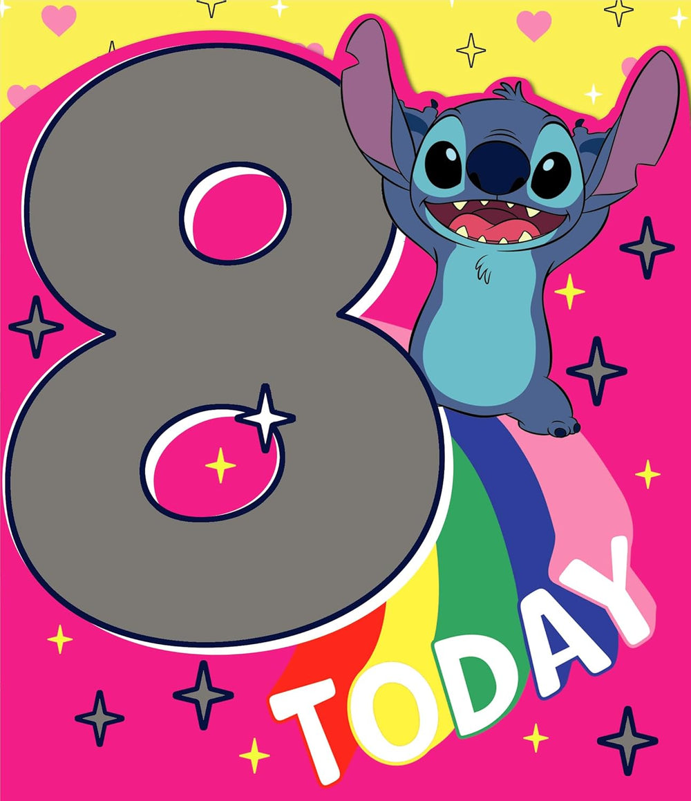 Disney Stitch 8th birthday greeting card for girls featuring a playful Stitch design, perfect for young girls' birthday celebrations.