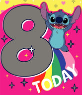 Disney Stitch 8th birthday greeting card for girls featuring a playful Stitch design, perfect for young girls' birthday celebrations.