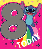 Disney Stitch 8th birthday greeting card for girls featuring a playful Stitch design, perfect for young girls' birthday celebrations.