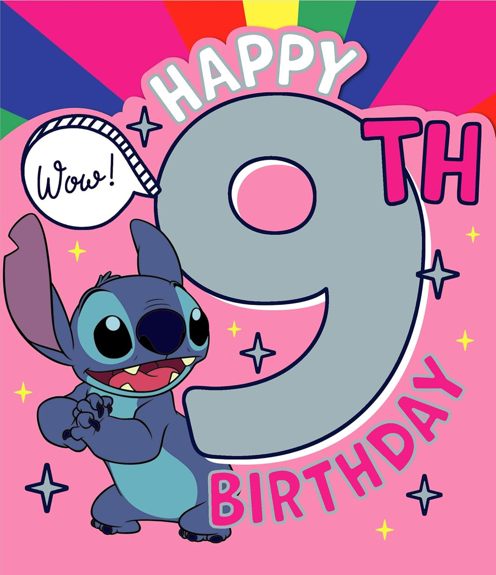 Disney Stitch 9th birthday greeting card for girls featuring a unique Stitch design, perfect for celebrating young girls' special day.