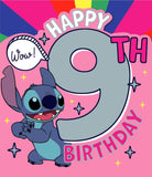 Disney Stitch 9th birthday greeting card for girls featuring a unique Stitch design, perfect for celebrating young girls' special day.