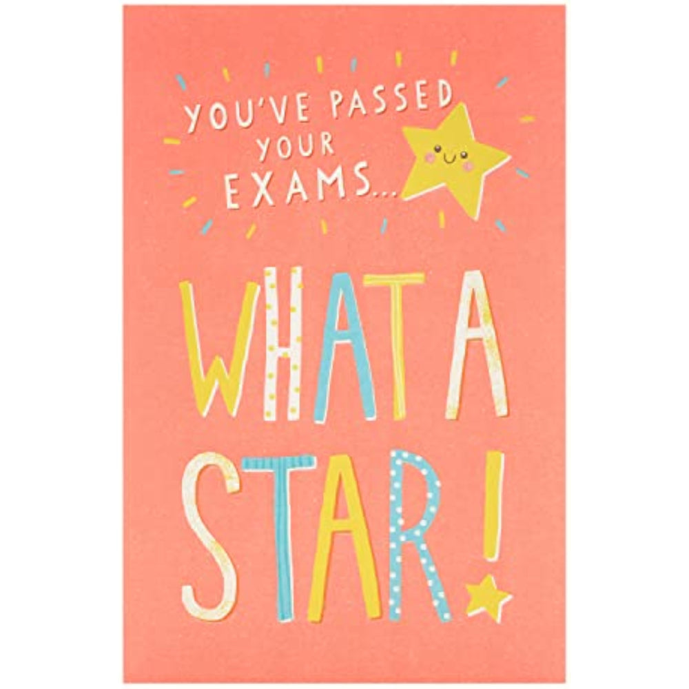 UK Greetings Exams Pass Congratulations Card with colorful design celebrating exam success and passing results.