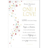 UK Greetings birthday greeting card from the Thinking of You Range featuring hearts and champagne illustrations.