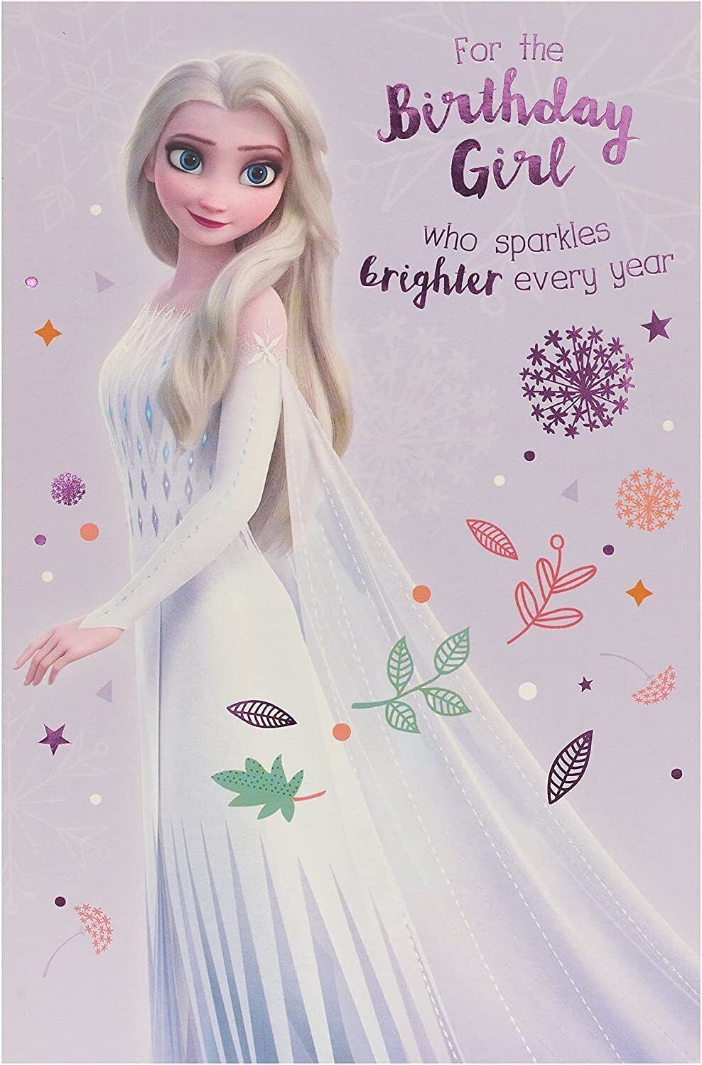 Disney Princess Elsa birthday greeting card featuring Elsa from Frozen with festive design for girls' birthday celebrations.