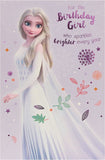 Disney Princess Elsa birthday greeting card featuring Elsa from Frozen with festive design for girls' birthday celebrations.