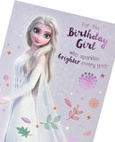 Princess Elsa Disney Frozen birthday greeting card featuring Elsa in a festive design, ideal for girls' birthday celebrations.