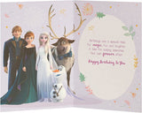 Princess Elsa Disney Princess birthday greeting card featuring Elsa in a winter scene, designed for girls' birthday celebrations.