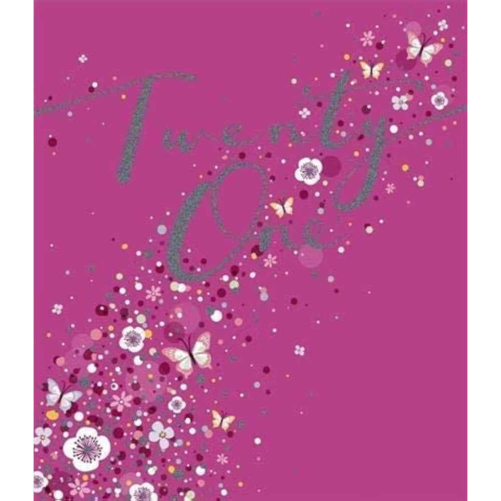UK Greetings 21st birthday card featuring pink flowers and butterflies with colorful floral design on the front.