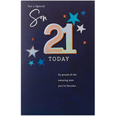 UK Greetings 21st Son birthday greeting card with colorful design and cheerful message, perfect for celebrating a son's milestone.