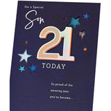 UK Greetings 21st Son birthday card featuring colorful design and celebratory message for special milestone occasion.