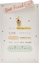 UK Greetings 3D Boofle Best Friend birthday greeting card with colorful cartoon dog and festive design.