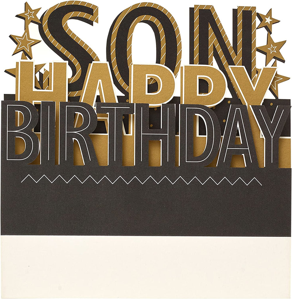 UK Greetings 3D pop-up Son birthday card featuring colorful, festive design and cheerful imagery for special occasions.