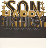 UK Greetings 3D pop-up Son birthday card featuring colorful, festive design and cheerful imagery for special occasions.